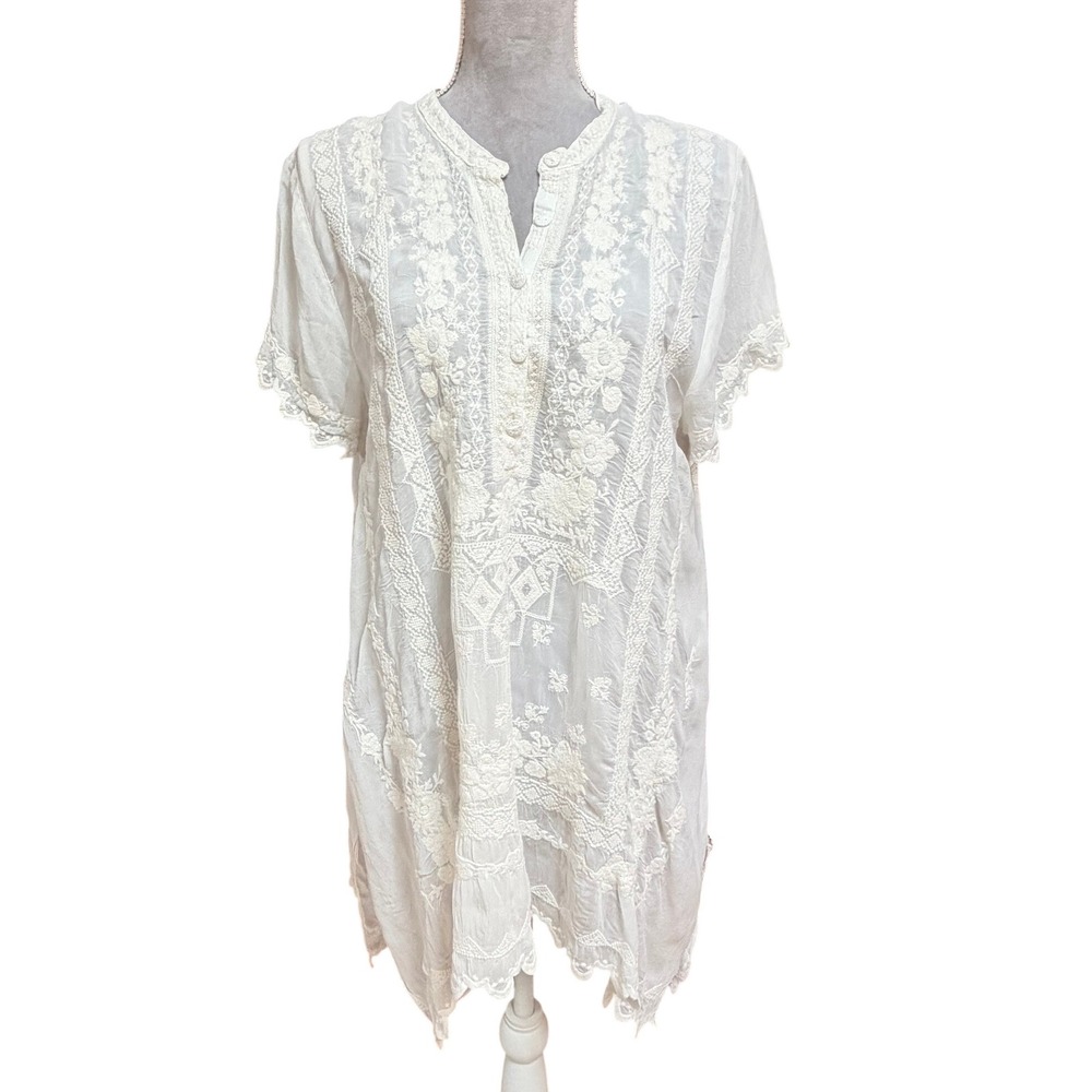 Johnny Was Embroidered Tunic Top White L Button Short Sleeve Lightweight Boho